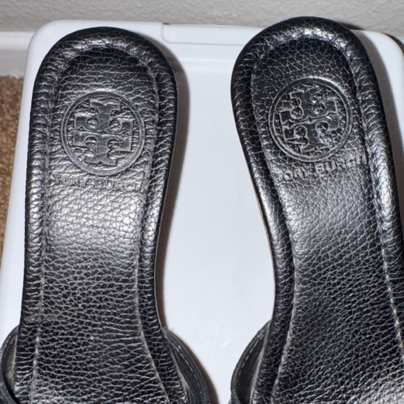 Tory Burch Black and Gold Wedge Sandals - Picture 8 of 10